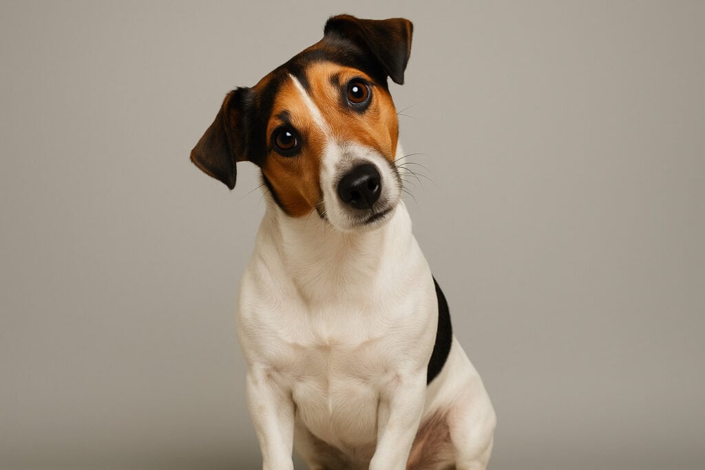 Hund med skævt hoved, et typisk symptom på vestibulært syndrom hos hunde, fotograferet mod neutral baggrund.