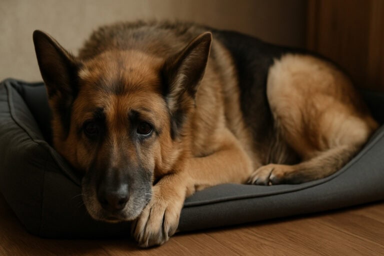 Ældre schæferhund med trist udtryk ligger i sin kurv – illustrerer symptomer på Inflammatorisk Bowel Disease (IBD) hos hunde.
