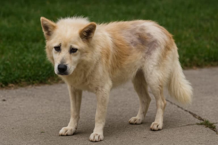 Hypothyroid hund med tydelige pelsforandringer, nedsat energi og hudproblemer, stående udendørs på en sti – karakteristiske symptomer på lavt stofskifte hos hunde.
