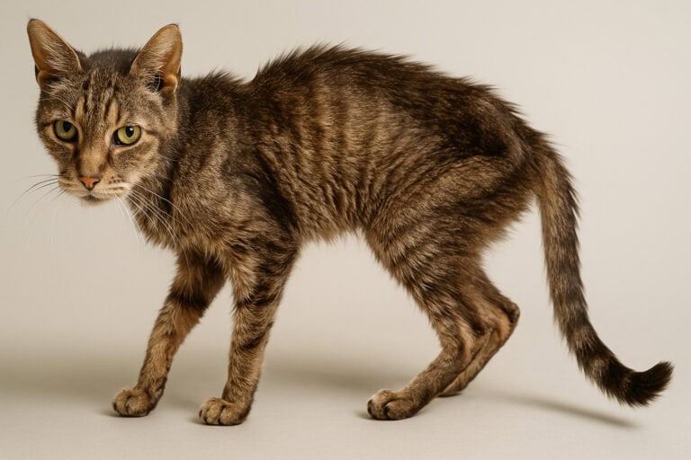 Fotorealistisk billede af en ældre kat med hyperthyroidisme, tydeligt vægttab, mat pels og fremtrædende knogler, typiske symptomer på stofskiftesygdom hos katte.