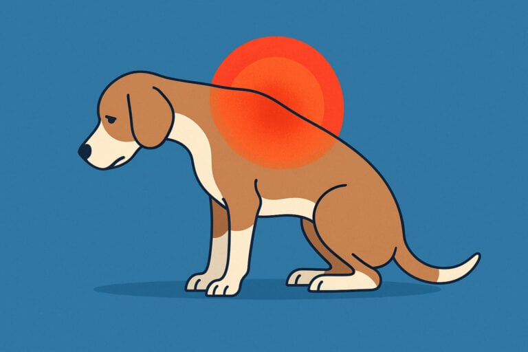 Illustration af hund med lav hovedholdning og inflammation i nakkeområdet, typisk for steroid-responsiv meningitis-arteritis (SRMA)